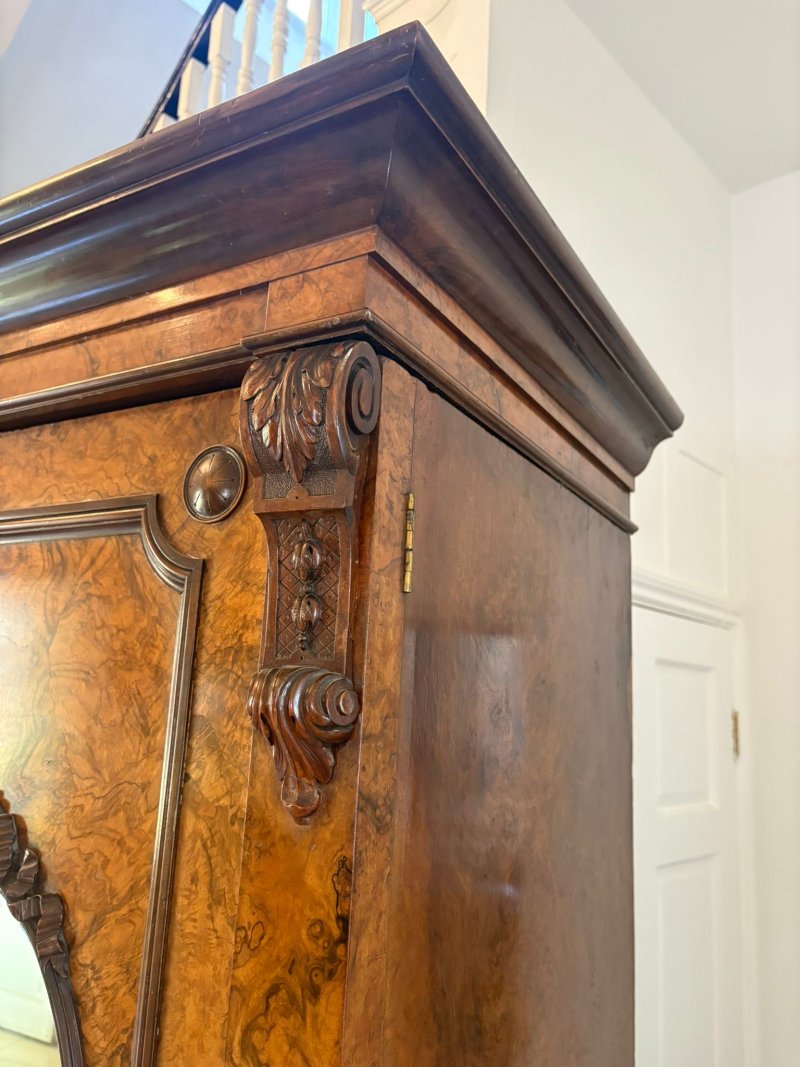 Outstanding Quality Large Antique Victorian Unusual Carved Burr Walnut 3 Door Wardrobe - Image 7